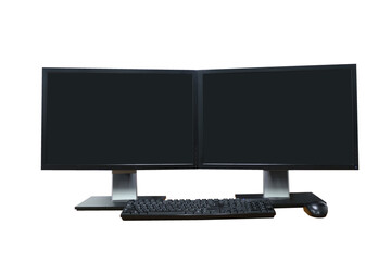 Front shot of dual blank white screen display computer monitor isolated on white background