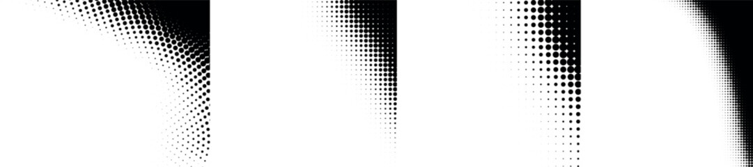 Set of halftone curve corners. Dot backgrounds. Half tone textures. Gradient dots patterns. Vector illustration