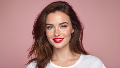 Beautiful smiling woman with brunette hair, blue eyes, and red lips wearing a white t-shirt on a pink background, studio shot