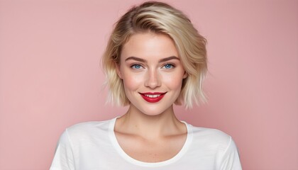 Obraz premium Beautiful smiling woman with short blonde hair, blue eyes, and red lips on a pink background.