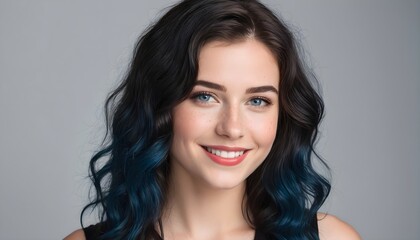 Fototapeta premium Portrait of a beautiful smiling woman with wavy brunette and blue hair, wearing black tank top on gray background