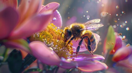 A close-up of a bee pollinating a colorful flower, with pollen grains visible on its fuzzy body. 8k, full ultra HD, high resolution, cinematic photography