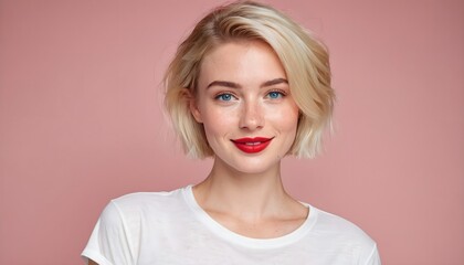 Beautiful woman with short blonde hair, blue eyes, and red lips wearing a white t-shirt on a pink background.
