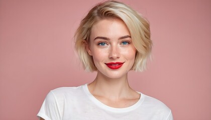 Naklejka premium Beautiful woman with short blonde hair, blue eyes, and red lips wearing a white t-shirt on a pink background.