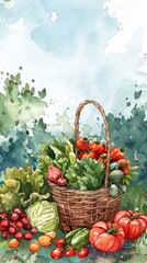 A beautiful watercolor illustration of a wicker basket filled with fresh vegetables, surrounded by greenery and more veggies.