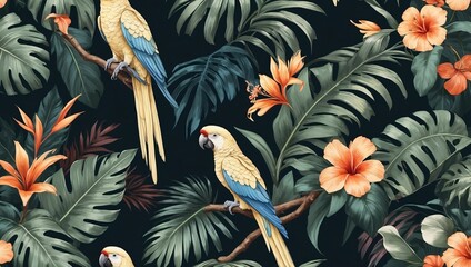 very beautiful tropical wallpaper illustrations, colorful macaws, tropical leaves and flowers, sharp quality and exotic color combinations