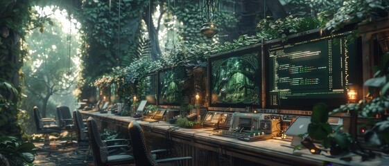 computer, lab, greenery, futuristic, workspace, technology