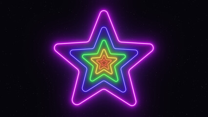 3d abstract glowing neon disco star. Futuristic rainbow LGBT Pride party celebration template. Isolated black 4k