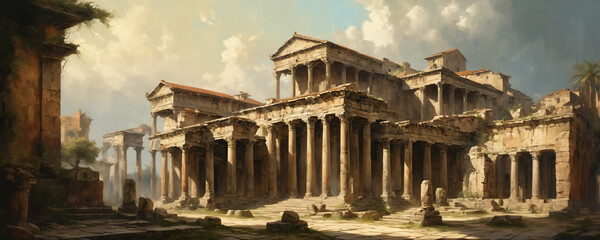 Fototapeta premium ancient temple architecture in oil painting style. High resolution illustration