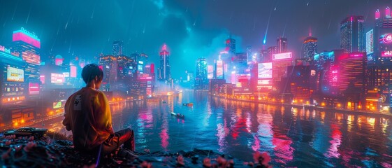 A solitary figure sits by the water, gazing at a futuristic neon-lit cityscape reflecting in the calm waters under a vibrant night sky.