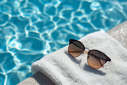 A towel and sunglasses beside the swimming pool 