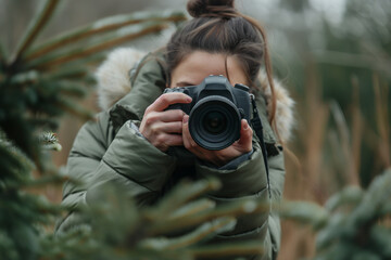 Attractive professional photographer woman taking a photo holding DSLR camera