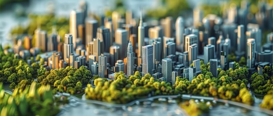 Aerial view of a cityscape surrounded by lush green trees and a river, showcasing the blend of urban and natural environments