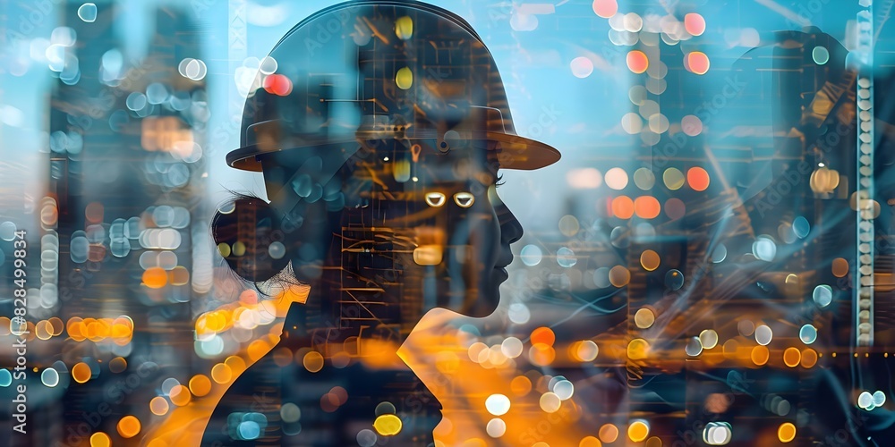 Poster double exposure graphic of engineers and construction workers on a modern project. concept architect