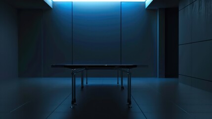 interior of a studio with a minimal design in dark colors with blue backlight
