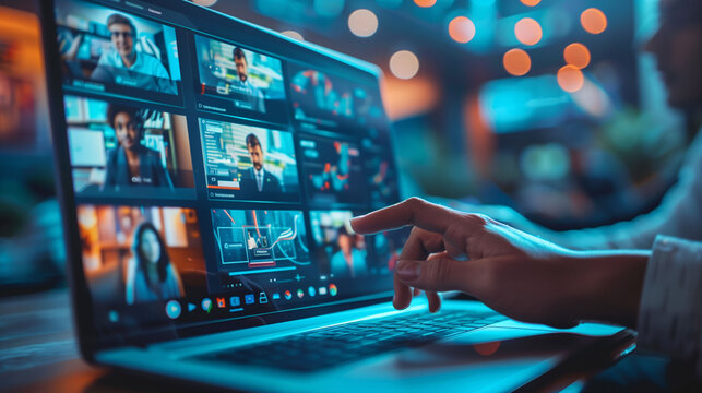 A businessman holding a video conference meeting with his partners or clients. Concept of online business or work relationships, video conferencing, and digital life.
