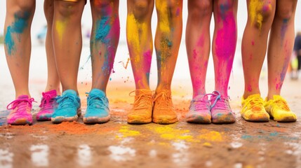 Brightly colored shoes and legs of teenagers at color runs, festivals, fun.
