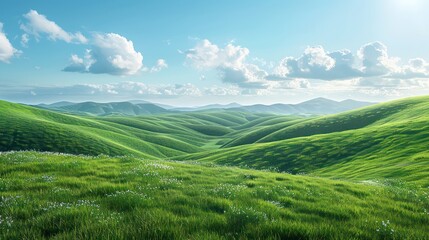 wallpaper of a realistic landscape of a lush green meadow with a clear blue sky