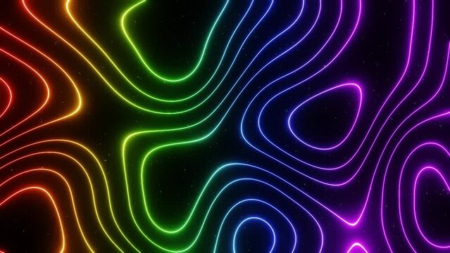 3d animation groovy y2k rainbow LGBT Pride neon abstract glowing lines in space. Calming seamless VJ loop animation for background or footage 30fps 4k. Videogame style retrowave sci-fi Disco music	
