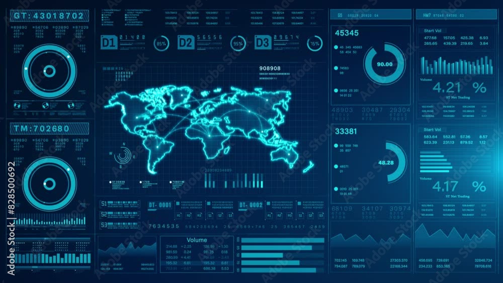 Poster futuristic data dashboard with global map, hud infographic business and financial investment, charts