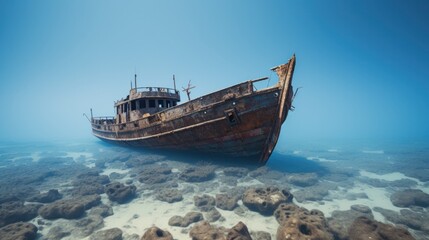 Obraz premium Old sunken ship abandoned in the sea The old ship was abandoned.