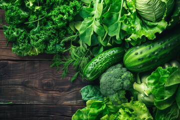 Variety of green vegetables on dark wooden background, photo with copy space