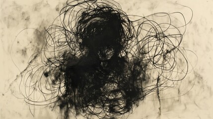 A black and white drawing of a person with messy hair. The drawing is very abstract and has a lot of lines. The mood of the drawing is chaotic and disordered