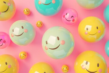A bunch of colorful smiling faces are arranged in a pattern on a pink background