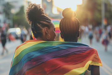 Black woman flag cover herself activist for LGBTQ+ rights with rainbow flag, diverse people of gay and lesbian community smiling and be happy together