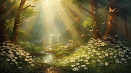 Sunbeams Peeking Through An Enchanted Forest Pathway. Generative AI
