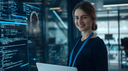 Smiling woman in front of a computer screen with code, perfect for technology blogs, coding tutorials, software company websites.