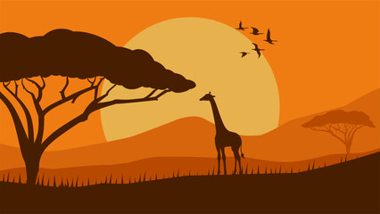 Landscape illustration of savanna field with giraffe and african tree