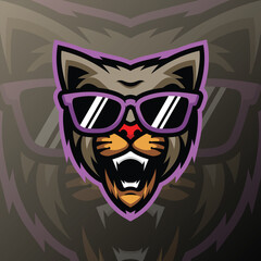 a cat wearing purple glasses and gray background