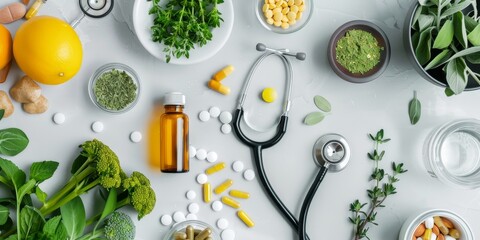A flat lay of vitamin bottles, fresh herbs, and a stethoscope generated by AI