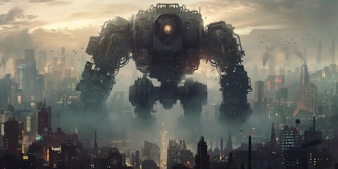 Giant robot towering over the city, portraying a futuristic scene of urban destruction 🤖🏙️ Captures the awe and devastation of advanced technology gone rogue. #FuturisticDestruction #UrbanApocalypse