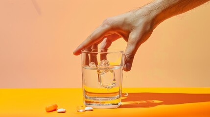 A hand reaching for a glass of water with a vitamin C tablet generated by AI