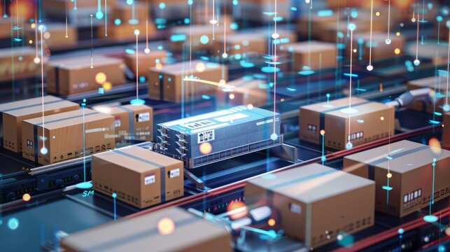Smart warehouse management system using augmented reality technology to identify package picking and delivery . Future concept of supply chain and logistic business