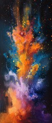 A painting of a colorful explosion in space with a black background