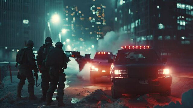A group of police officers stopping a criminal's car in the city at night