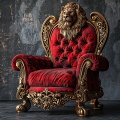 royal chair in velvet red with a lion carved
