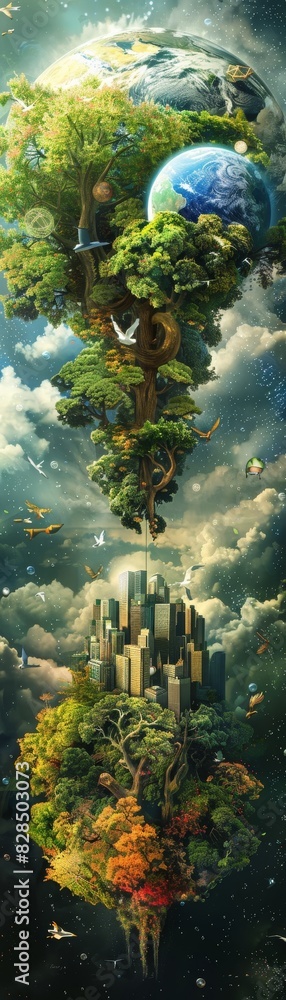 Canvas Prints a tree is growing out of the sky and the sky is filled with clouds