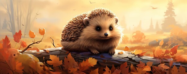 hedgehog nestled amidst a vast panoramic landscape of colorful autumn leaves, translating the cozy ambiance into a photorealistic digital masterpiece