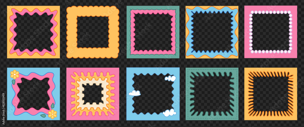 Aufkleber Set of border square frames with groovy elements. Text boxes on transparent background as a png. Cute and fun. Wavy line and clouds. Trendy template design