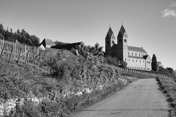 Path alongside tall church on hilltop, Rudesheim, Germany