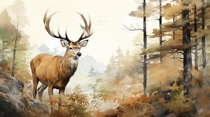 Fototapeta premium Portray a worms-eye view of a graceful deer staring curiously into the distance, amidst a grove of towering trees, in a detailed pencil sketch