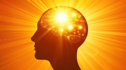 A silhouette of a human head with the brain glowing and emanating rays of light, suggesting ideas, creativity, and intellectual energy 