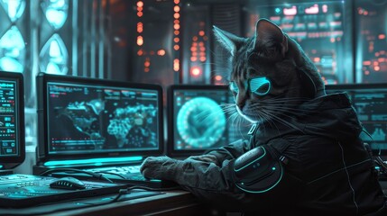 Futuristic cyberpunk cat hacker working on multiple computer screens with neon lights in dark tech room.