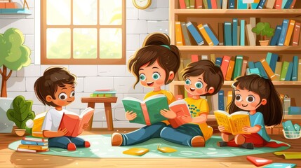 Fototapeta premium A cozy classroom setting with students reading books and the teacher assisting them Generative AI