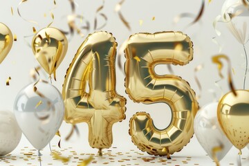 45 number made of two golden floating helium balloons in a festive background
