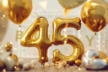 45 number made of two golden floating helium balloons in a festive background